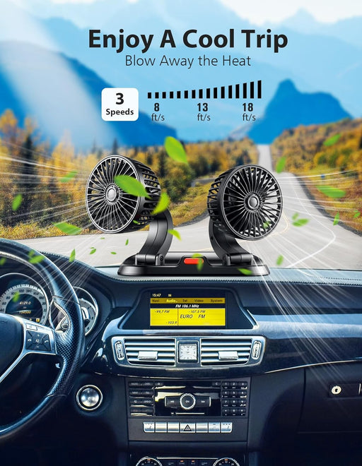 Car Fan - Dual Head USB Fan for Car, Portable Vehicle Cooling Fan - Brushless Motor(2024 Upgraded) - 3 Speeds, 360° Rotation, for Car Dashboard, Suv/Rv/Truck/Sedan/Cruise/Office, USB Powered