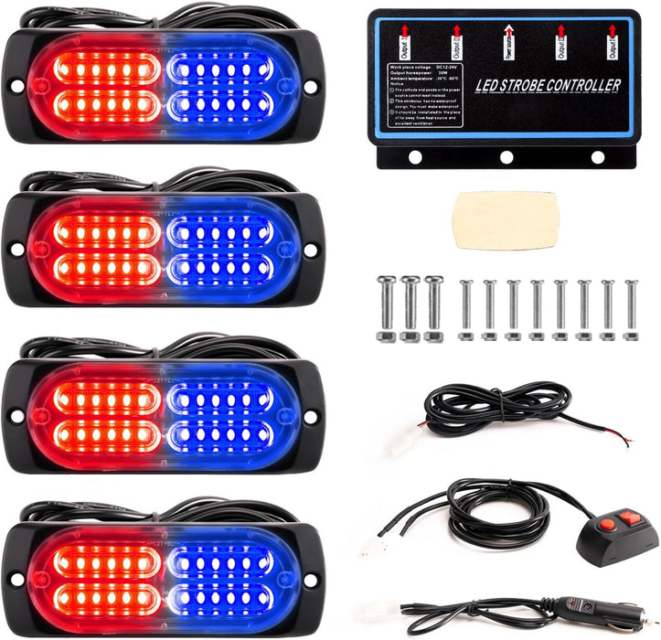 "Ultra Slim LED Emergency Strobe Lights - 8-Pcs Sync Feature for Trucks, Vehicles, Construction - Amber/White"