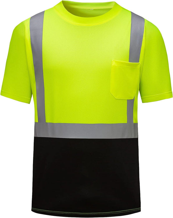 High Visibility Shirts Quick Dry Safety T Shirts with Reflective Strips and Pocket Short Sleeve Mesh Hi Vis Construction Work Class 2 Shirt for Men/Women Black Bottom Lime,Medium