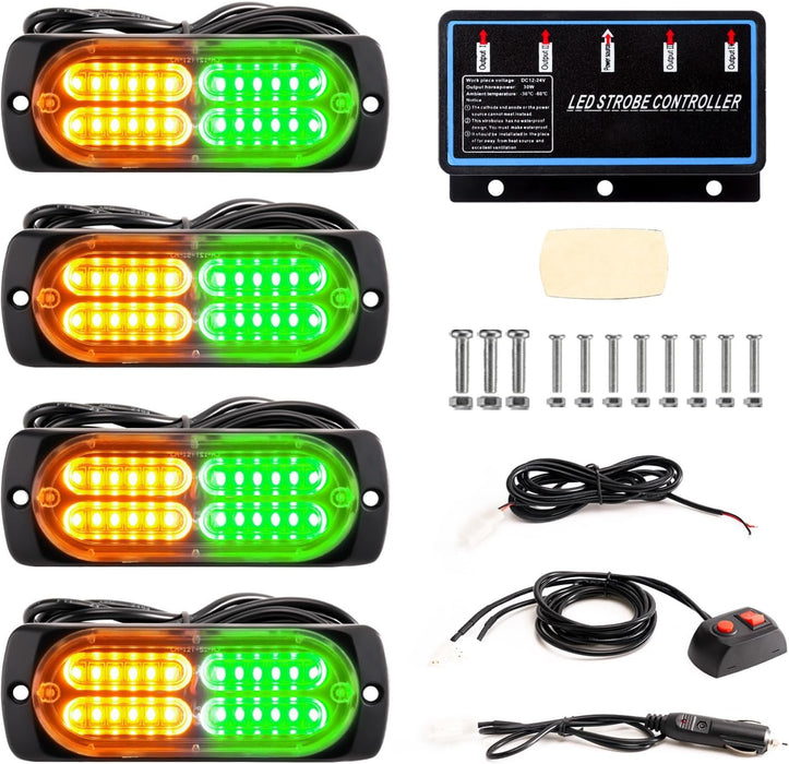 "Ultra Slim LED Emergency Strobe Lights - 8-Pcs Sync Feature for Trucks, Vehicles, Construction - Amber/White"