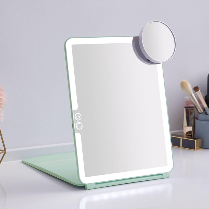 LED Foldable Travel Makeup Mirror - 5X7 Inches 3 Colors Light Modes USB Rechargeable Touch Screen, Portable Tabletop Cosmetic Mirror for Travel, Cosmetic, Office (Black)