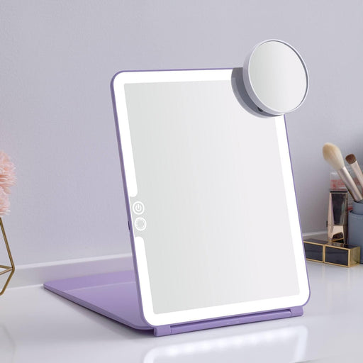 LED Foldable Travel Makeup Mirror - 5X7 Inches 3 Colors Light Modes USB Rechargeable Touch Screen, Portable Tabletop Cosmetic Mirror for Travel, Cosmetic, Office (Black)