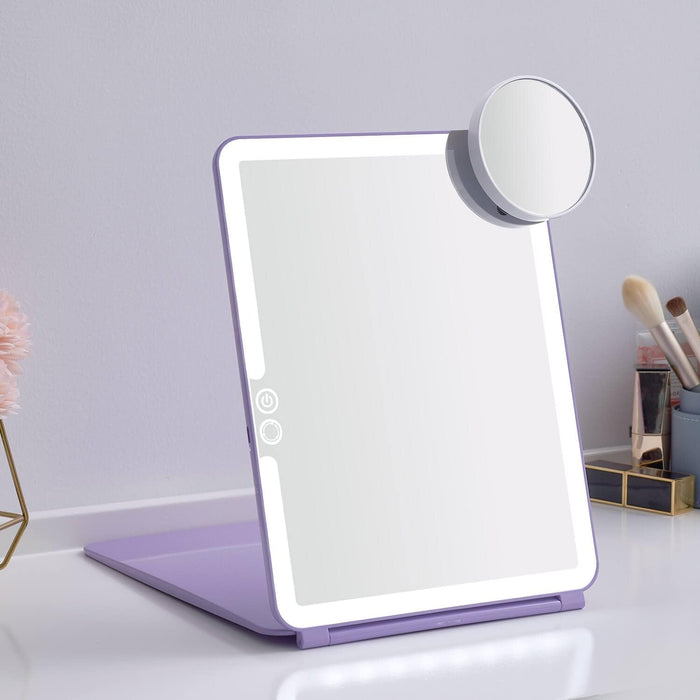 LED Foldable Travel Makeup Mirror - 5X7 Inches 3 Colors Light Modes USB Rechargeable Touch Screen, Portable Tabletop Cosmetic Mirror for Travel, Cosmetic, Office (Black)