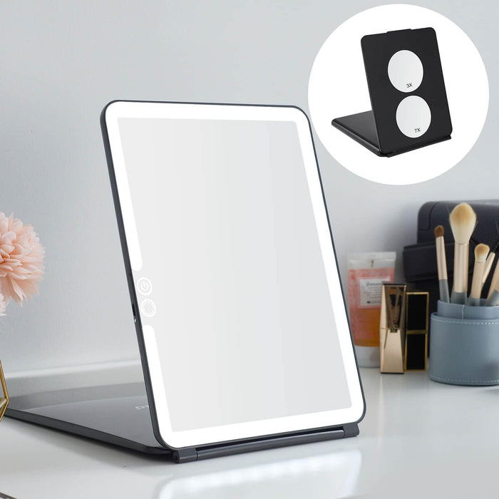 LED Foldable Travel Makeup Mirror - 5X7 Inches 3 Colors Light Modes USB Rechargeable Touch Screen, Portable Tabletop Cosmetic Mirror for Travel, Cosmetic, Office (Black)