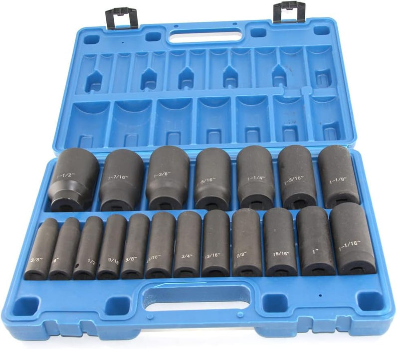 19Pcs 1/2" Impact Socket Set, 6-Point Deep Socket, Cr-V Steel, 3/8 Inch - 1-1/2 Inch