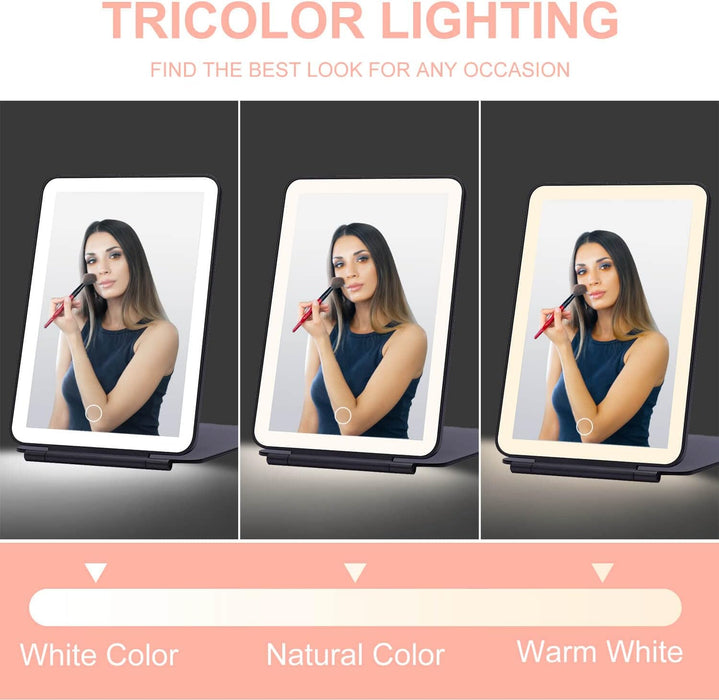 LED Foldable Travel Makeup Mirror - 5X7 Inches 3 Colors Light Modes USB Rechargeable Touch Screen, Portable Tabletop Cosmetic Mirror for Travel, Cosmetic, Office (Black)