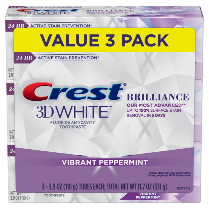 3D White Brilliance Toothpaste, Vibrant Peppermint, Travel Size 0.85 Oz (24G) - Pack of 4