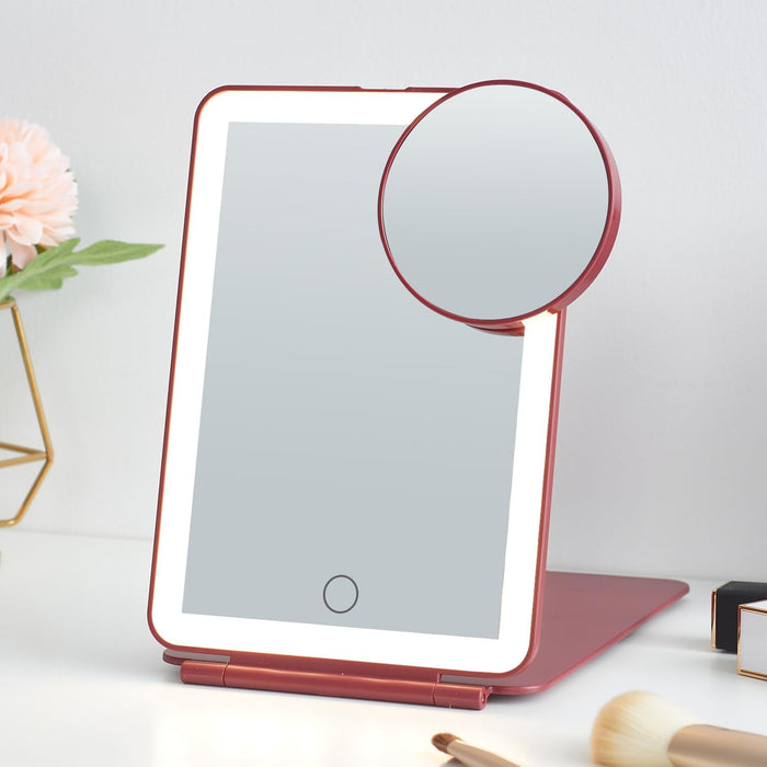 LED Foldable Travel Makeup Mirror - 5X7 Inches 3 Colors Light Modes USB Rechargeable Touch Screen, Portable Tabletop Cosmetic Mirror for Travel, Cosmetic, Office (Black)