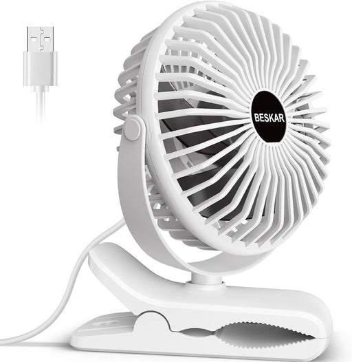 USB Clip on Fan, Portable Small Fan with Cord Powered, 3 Speeds Strong Airflow, with Sturdy Clamp, Quiet Personal Desk Fan