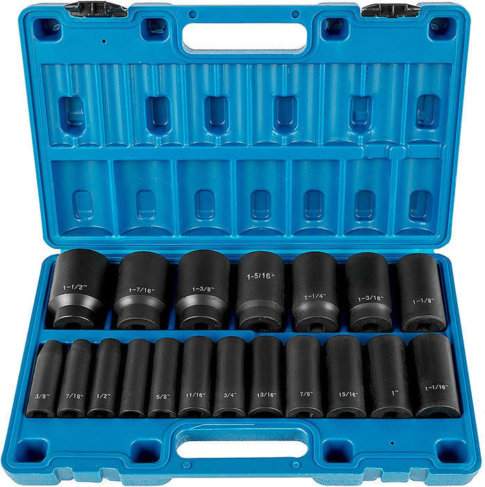 Impact Socket Set 1/2 Inches 19 Piece, Deep Socket, 6-Point Sockets, Rugged Construction, Cr-V, 1/2 Inches Drive Socket Set Impact 3/8 Inch - 1-1/2 Inch, with a Storage Cage