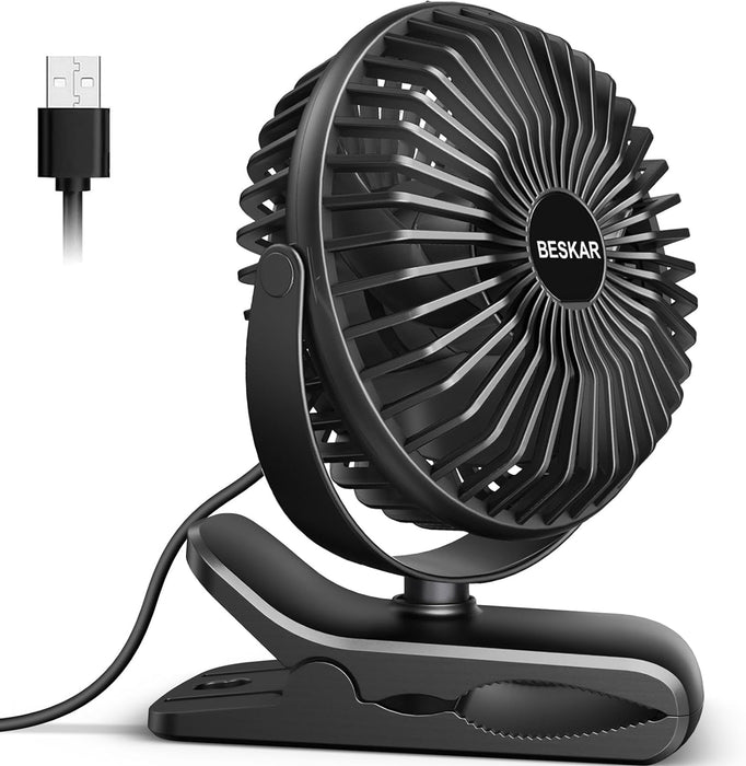 USB Clip on Fan, Portable Small Fan with Cord Powered, 3 Speeds Strong Airflow, with Sturdy Clamp, Quiet Personal Desk Fan