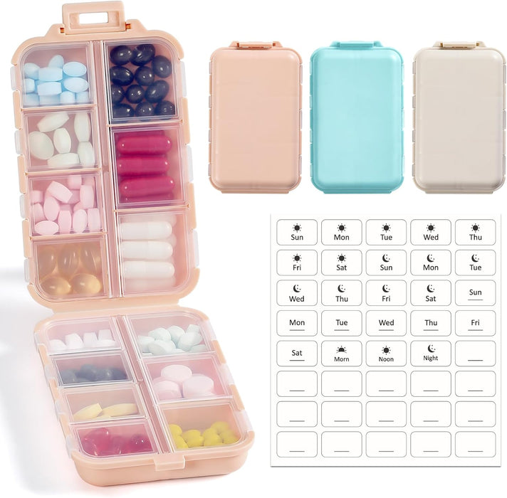 3 Pack, 14 GRIDS Travel Pill Organizer Box with Labels - Travel Medicine Case Kit - Pocket Daily Pharmacy Container - Travel Medication Holder Dispenser for Fish Oil Vitamin Supplement Storage