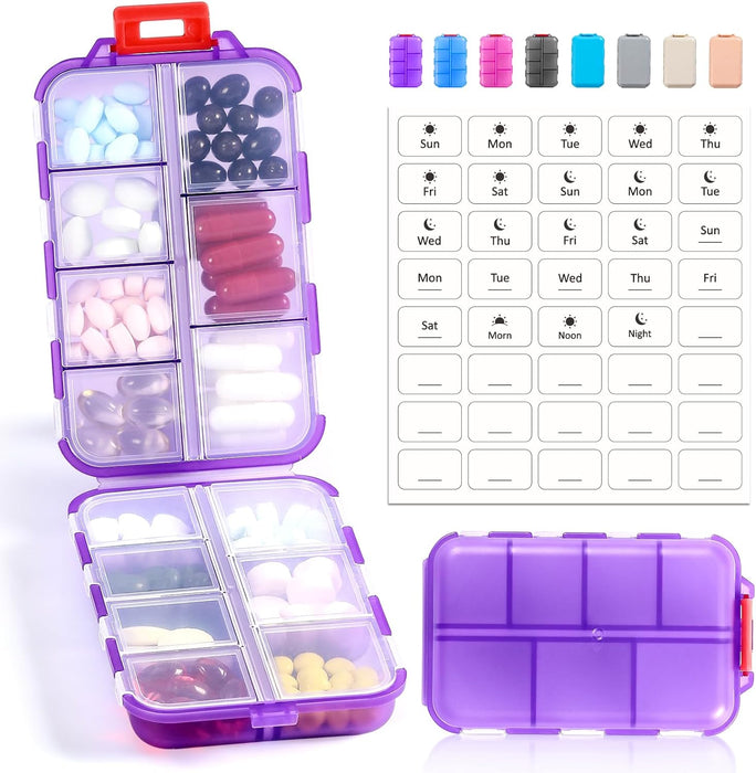 3 Pack, 14 GRIDS Travel Pill Organizer Box with Labels - Travel Medicine Case Kit - Pocket Daily Pharmacy Container - Travel Medication Holder Dispenser for Fish Oil Vitamin Supplement Storage