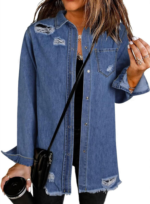 Women'S Oversized Denim Jacket Casual Long Boyfriend Distresse Jean Jacket Autumn Spring