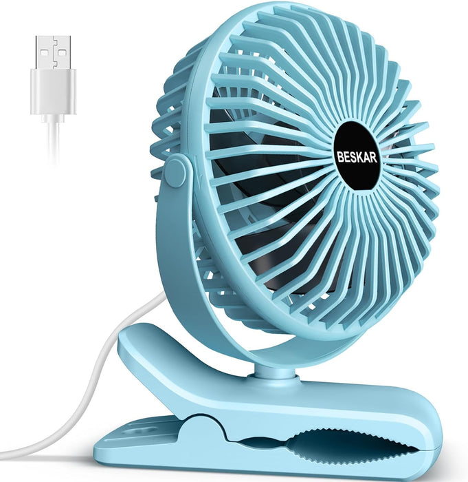 USB Clip on Fan, Portable Small Fan with Cord Powered, 3 Speeds Strong Airflow, with Sturdy Clamp, Quiet Personal Desk Fan