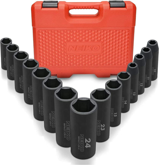 02475A 1/2" Drive Deep Impact Socket Set, 14 Piece | 6 Point Metric Sizes (11-32 Mm) | Cr-V Steel