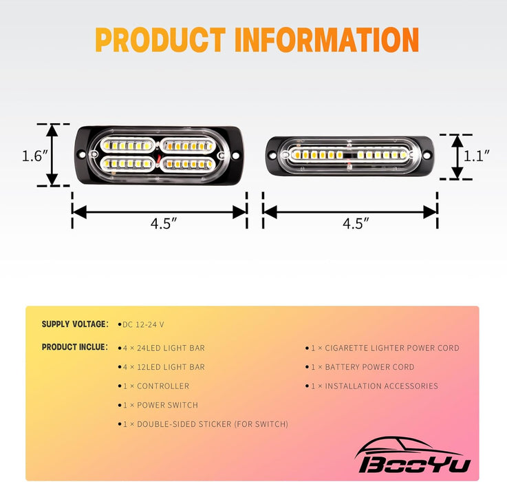 "Ultra Slim LED Emergency Strobe Lights - 8-Pcs Sync Feature for Trucks, Vehicles, Construction - Amber/White"