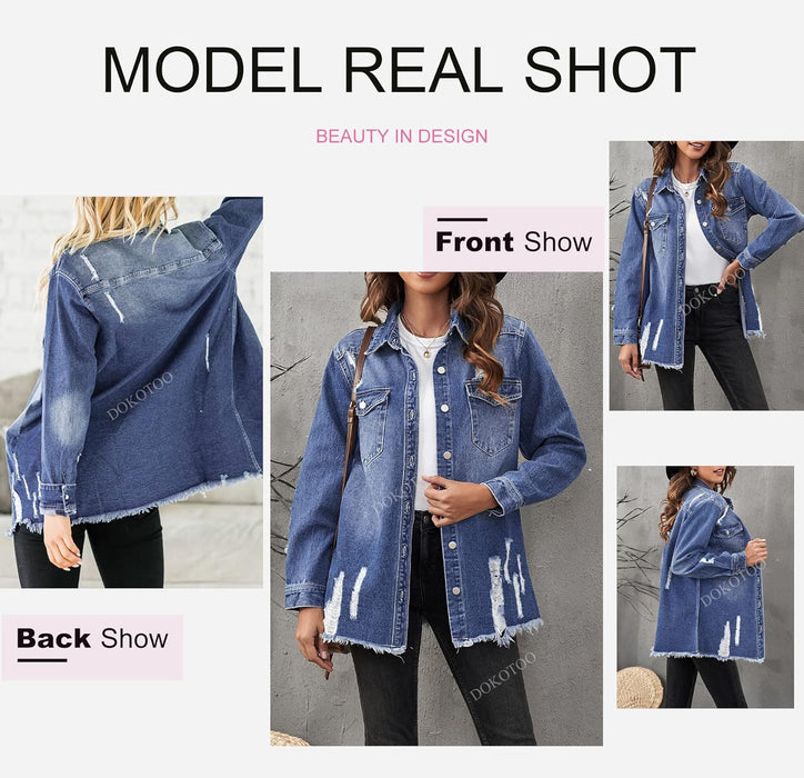 Women'S Oversized Denim Jacket Casual Long Boyfriend Distresse Jean Jacket Autumn Spring