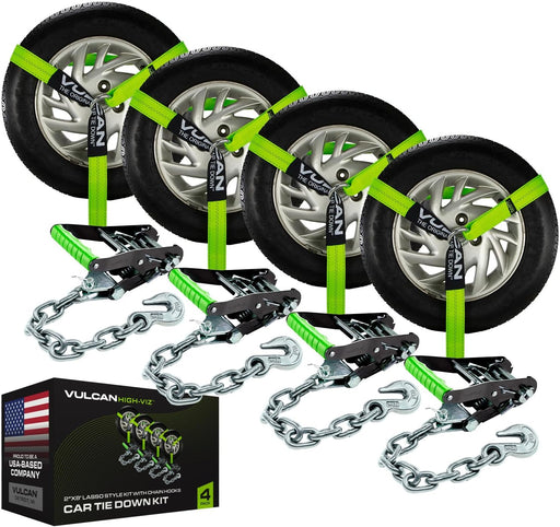 Car Tie down with Flat Hooks - Lasso Style - 2 Inch X 96 Inch - 4 Pack - High-Viz - 3,300 Pound Safe Working Load