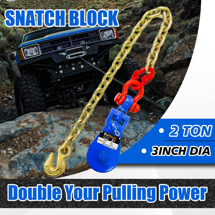 2 Tons Snatch Block with G80 Chain | 3" Sheave for 3/8" Inch Wire Rope | High Strength Snatch Blocks for Towing and Recovery Applications | Tow Truck Rollback Wrecker Car Hauler Winch