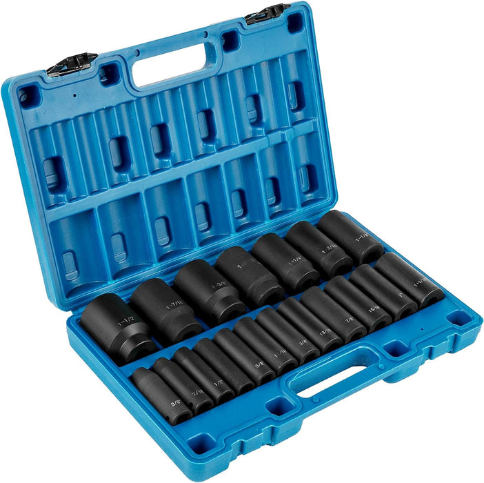 Impact Socket Set 1/2 Inches 19 Piece, Deep Socket, 6-Point Sockets, Rugged Construction, Cr-V, 1/2 Inches Drive Socket Set Impact 3/8 Inch - 1-1/2 Inch, with a Storage Cage