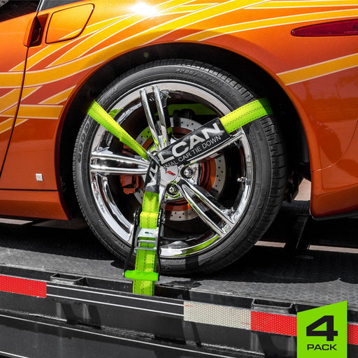 Car Tie down with Flat Hooks - Lasso Style - 2 Inch X 96 Inch - 4 Pack - High-Viz - 3,300 Pound Safe Working Load