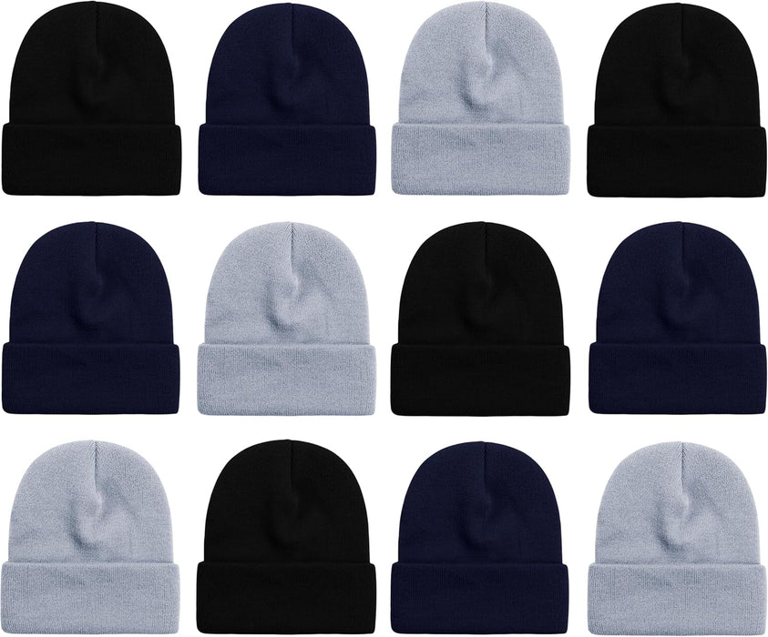 12 Pack Winter Beanie Hats for Men Women, Warm Cozy Knitted Cuffed Skull Cap, Wholesale