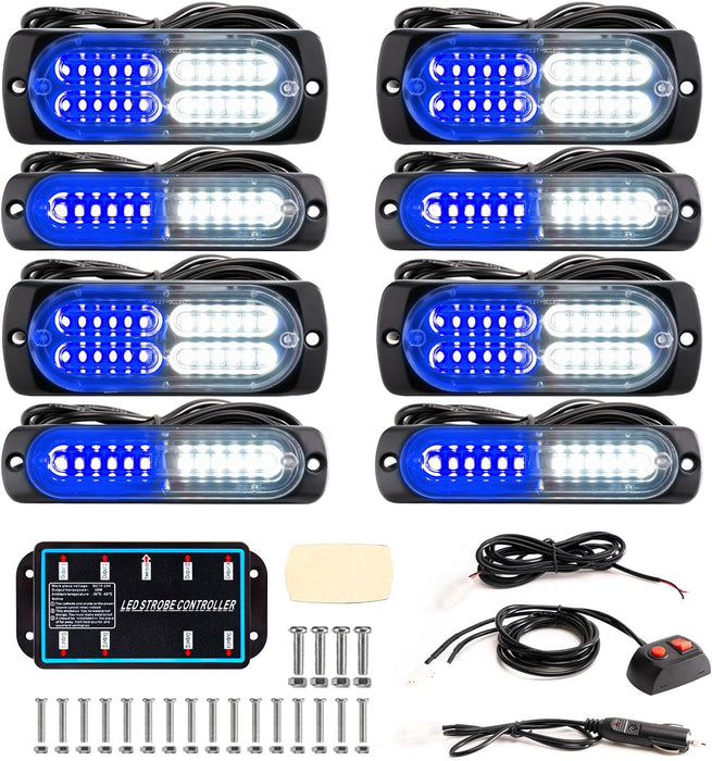 "Ultra Slim LED Emergency Strobe Lights - 8-Pcs Sync Feature for Trucks, Vehicles, Construction - Amber/White"