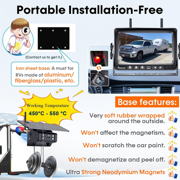 Wireless RV Backup Camera Install-Free for Trailer: 7 Inch Recording Monitor Solar RV Rear View Camera Long Battery Life - Strong Magnetic RV Camera HD 1080P for Furrion Voyager Series Rvs Trucks