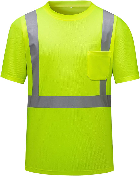 High Visibility Shirts Quick Dry Safety T Shirts with Reflective Strips and Pocket Short Sleeve Mesh Hi Vis Construction Work Class 2 Shirt for Men/Women Black Bottom Lime,Medium