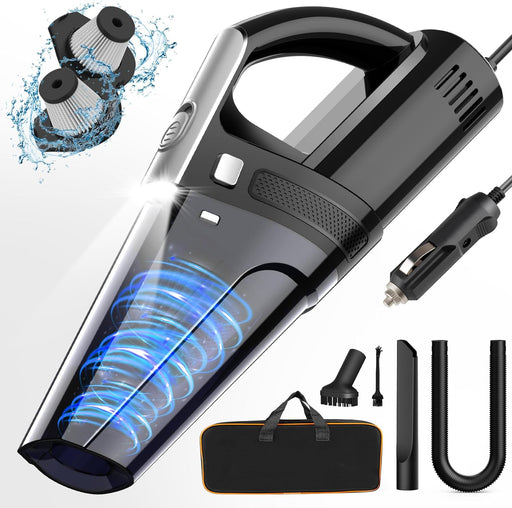 Car Vacuum, Portable Car Vacuum Cleaner with 7000PA Suction, DC 12V High Power 16.4Ft Cord Wired Vacuum Cleaner for Car, LED Light, Lightweight, 0.33L Capacity, Storage Bag, Black, VC008C