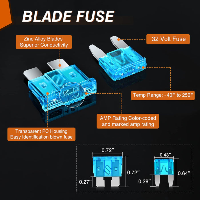 Blade Jcase Car Fuse Assortment Kit 5A 7.5A 10A 15A 20A 25A 30A Standard Mini Fuses 20A 30A 40A 50A 60A Low Tall STD Profile Fuses for Car Truck, 2 Years Warranty, 250PCS Fuses + Box Fuses