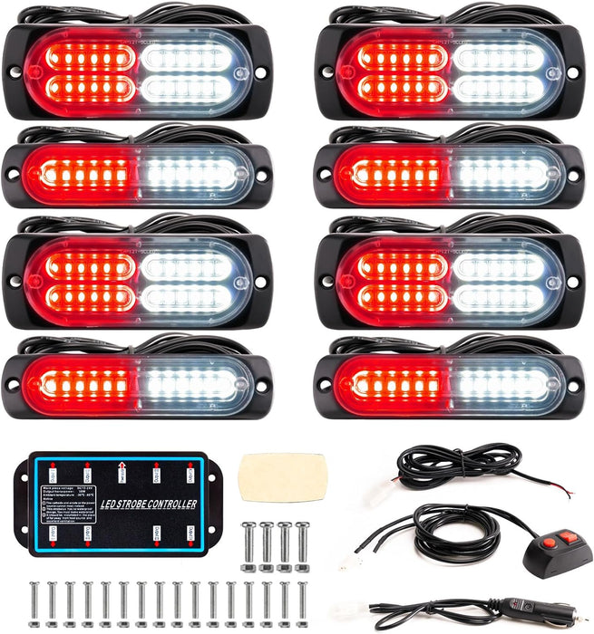 "Ultra Slim LED Emergency Strobe Lights - 8-Pcs Sync Feature for Trucks, Vehicles, Construction - Amber/White"