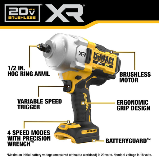 20V MAX Cordless Impact Wrench, 1/2" Hog Ring, High Torque, Brushless, Bare Tool Only (DCF961B)