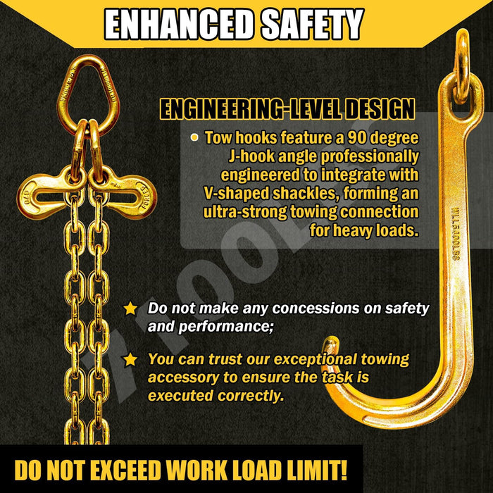 3/8" X 2' V-Type Tow Chain with 15 Inch J-Hooks and Grab Hooks, G80 Steel Towing Chain Bridle, Yellow Zinc Plated Tractor Car Wrecker Truck Tie, 7,100 Lbs Safe Working Load