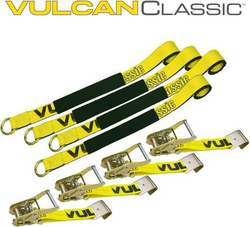 Car Tie down with Flat Hooks - Lasso Style - 2 Inch X 96 Inch - 4 Pack - Classic Yellow - 3,300 Pound Safe Working Load