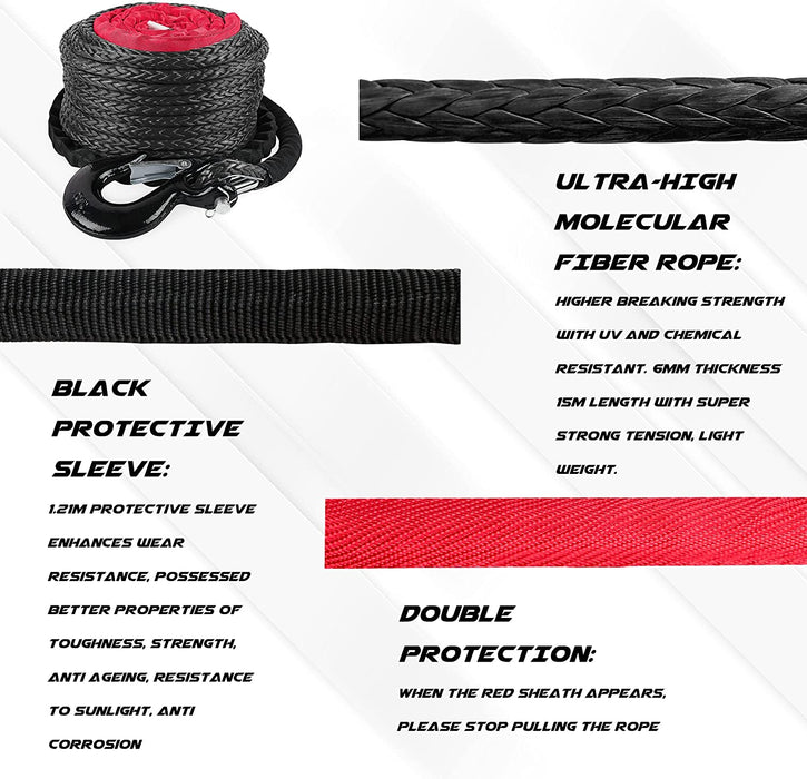 XPV 3/8" X 100Ft Synthetic Winch Rope 23,800Lbs Dyneema Winch Line Cable Rope with Hook Black for Truck 4WD off Road Vehicle Winch Accessory