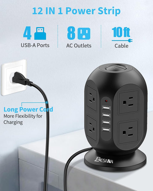 Surge Protector Power Strip Tower with USB Ports,  8 AC Outlets 4 USB Ports,10 Ft Long Extension Cord with Multiple Outlets Charging Station for Home Office Supplies Dorm Room Essentials