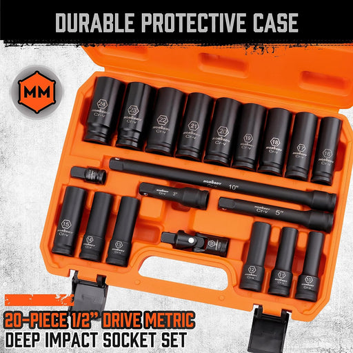 20-Piece 1/2 Impact Socket Set | Metric (10Mm - 24Mm) | 6 Point Impact Socket Set 1/2 Drive with Case | Cr-V Steel | 3", 5", and 10" Impact Extension Bars