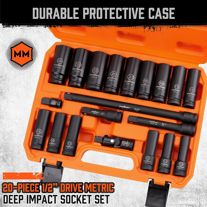 20-Piece 1/2 Impact Socket Set | Metric (10Mm - 24Mm) | 6 Point Impact Socket Set 1/2 Drive with Case | Cr-V Steel | 3", 5", and 10" Impact Extension Bars