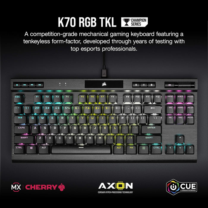 K70 RGB TKL – CHAMPION SERIES Tenkeyless Mechanical Gaming Keyboard - CHERRY MX SPEED Keyswitches - Durable Aluminum Frame - Per-Key RGB LED Backlighting - Detachable USB Type-C Cable, Black