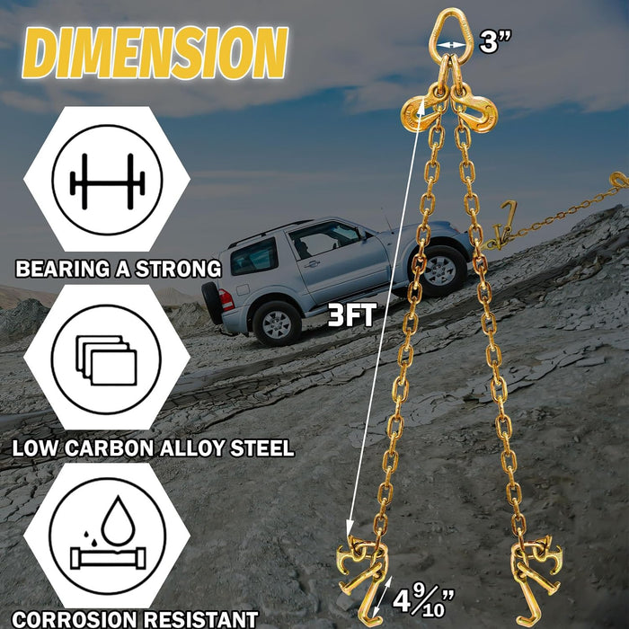 V Bridle Tow Chain|G80-5/16 Inch × 3 Foot Bridle Trailer Chain with R-T-J Cluster Hooks and Grab Hooks|7100 Lbs Working Load Limit|Bridle Transport Chain Heavy Duty with T-J Hook for Rollback