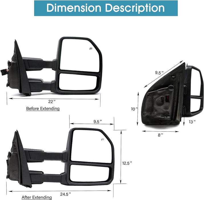 Towing Mirror Driver Left Side Fit for 2017 2018 2019 2020 Ford F250 F350 F450 F550 Super Duty Turn Signal Light Heated Power Auxiliary Light Black Housing Tow Mirror