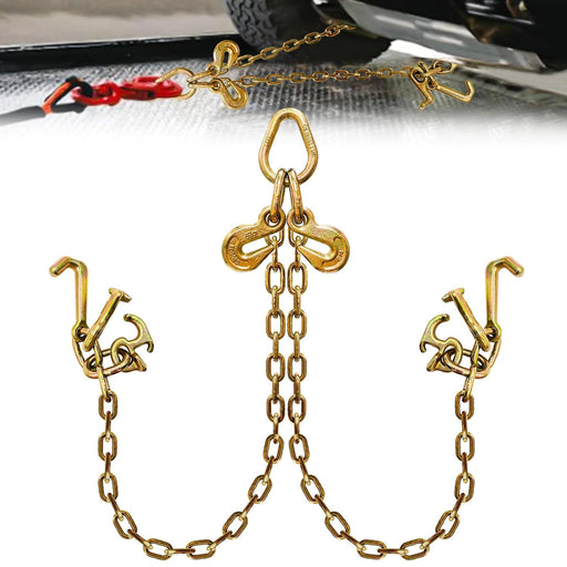 V Bridle Tow Chain|G80-5/16 Inch × 3 Foot Bridle Trailer Chain with R-T-J Cluster Hooks and Grab Hooks|7100 Lbs Working Load Limit|Bridle Transport Chain Heavy Duty with T-J Hook for Rollback