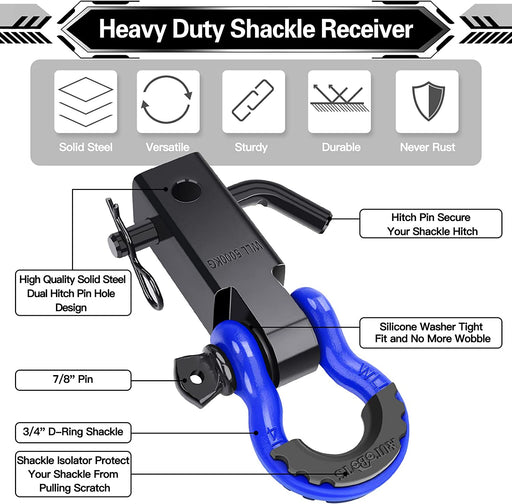 Shackle Hitch Receiver 2", 45,000 Lbs Break Strength Heavy Duty Receiver with 5/8" Screw Pin, 3/4" D Ring Shackles, Towing Accessories for Vehicle Recovery Off-Road, Blue&Black