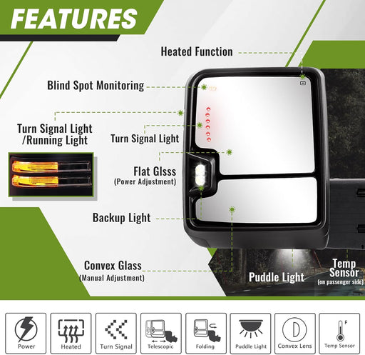 Towing Mirrors for 2019-2023 Chevy Silverado 1500 Turn Signal & Running Light Power Heated Glass Backup Light Puddle Lamp BSM Temperature Sensor Pair Set