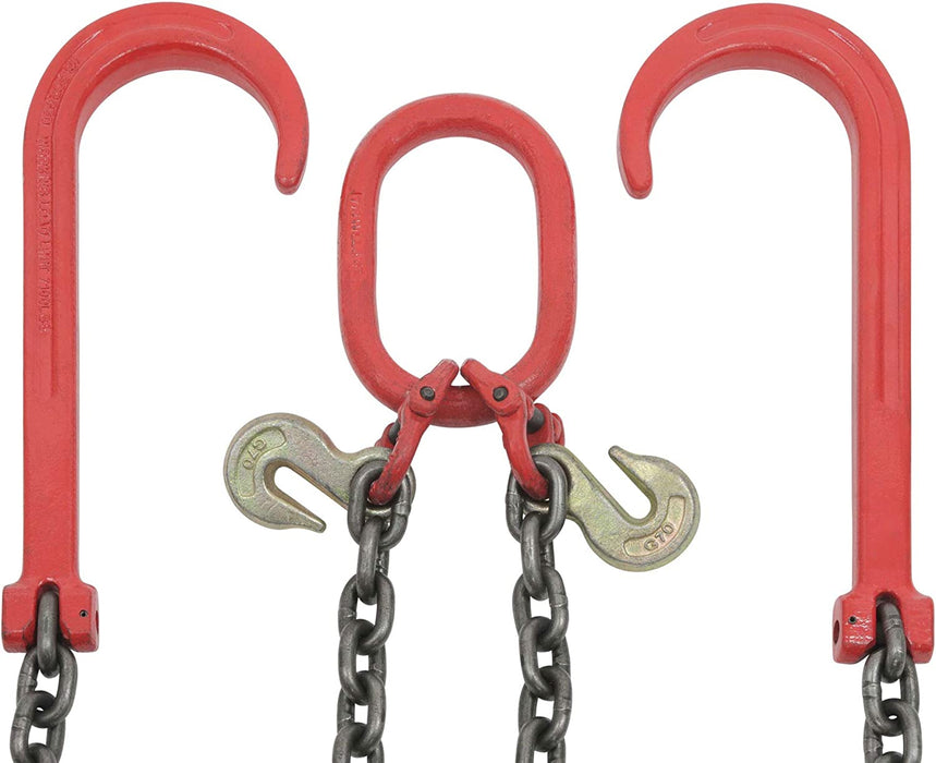 3/8" X 3' Leg G80 V Bridle Tow Chain W/Two 15" J-Hook & Eye Cradle Grab Hook - 7100 LBS WLL Long Shank J Hook Transport Tow Truck Chain for Car Towing Wrecker Recovery