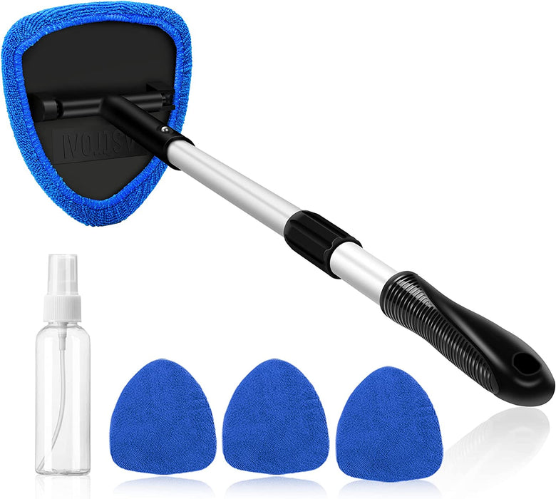 Windshield Cleaner, Car Windshield Cleaning Tool inside with 4 Reusable and Washable Microfiber Pads and Extendable Handle Auto Glass Wiper Kit, Blue