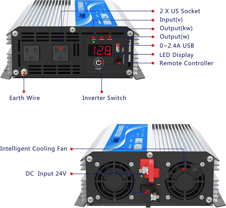 1600Watt Power Inverter Modified Wave DC 12Volt to AC 120Volt with Remote Control & LED Display and 2.4A USB Port for Trucks Boats RV & Emergency