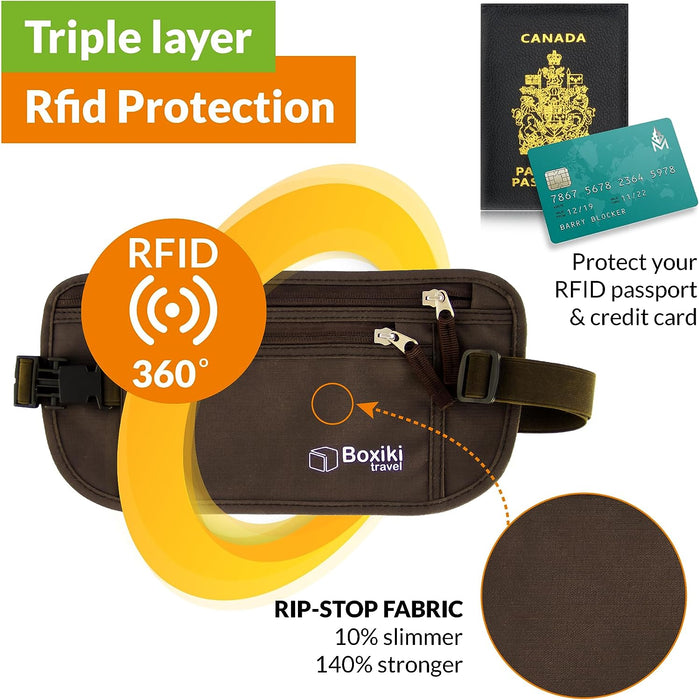 Money Belt - RFID Blocking Money Belt and Safe Waist Bag, Secure Fanny Pack for Men and Women, Fits Passport, Wallet, Phone and Personal Items. Running Belt, Waist Pack (Brown)